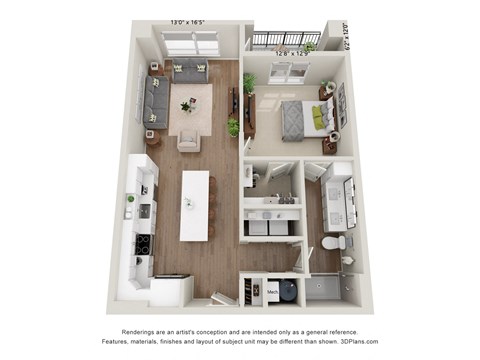 a stylized floor plan of a 1 bedroom apartment